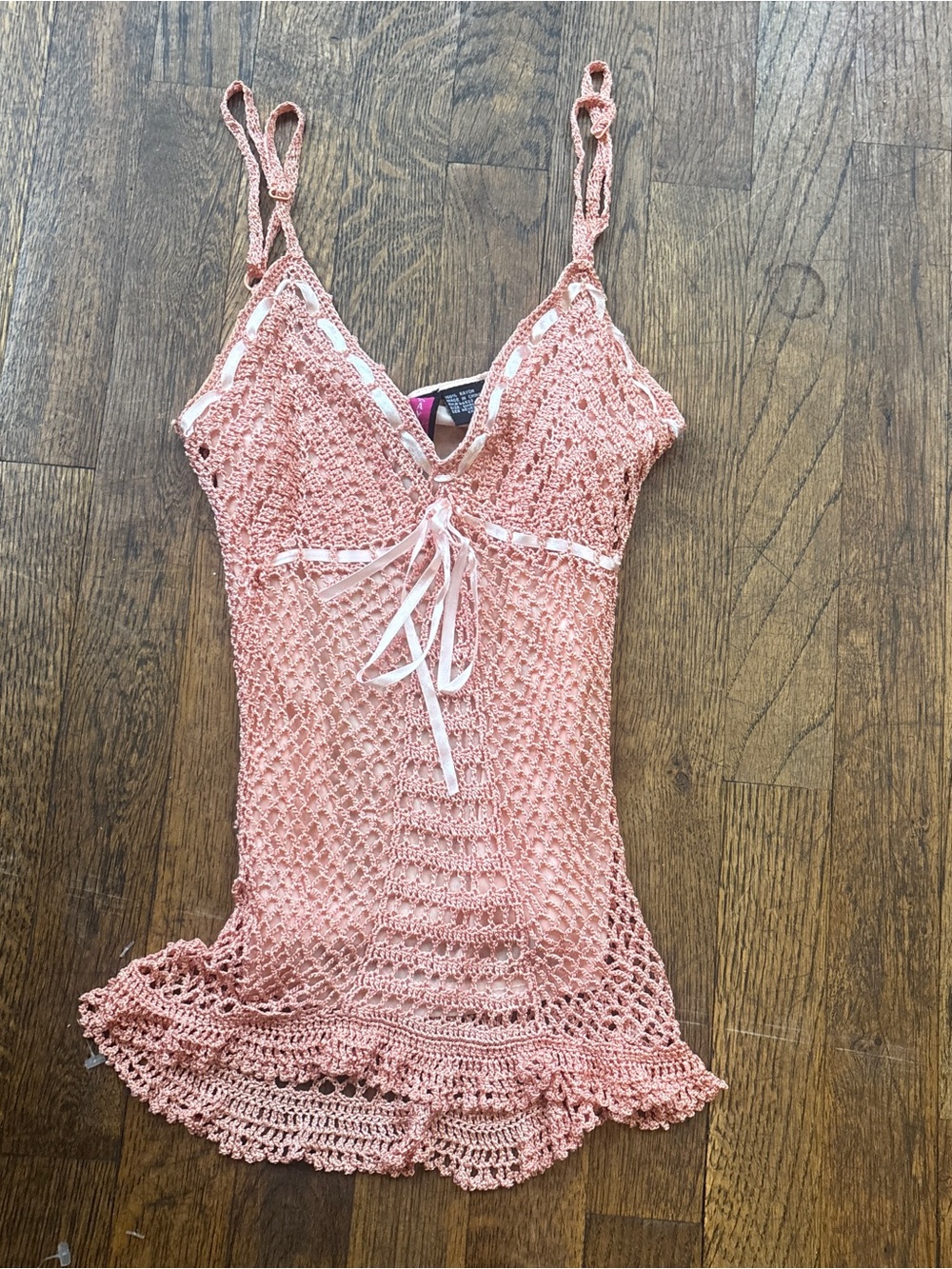 Crocheted Peach Pink Tank Top with Tie Front